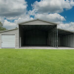 3d illustration of metal building storage with natural background.