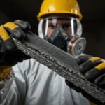 Construction worker handling asbestos safely in protective gear