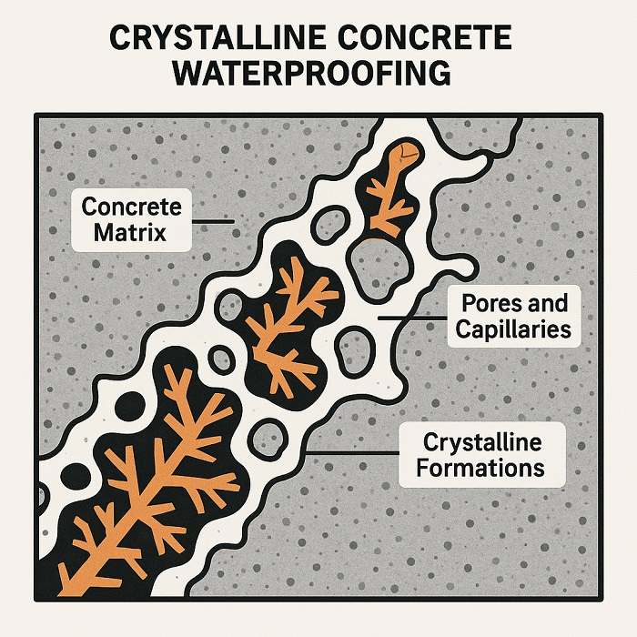 Crystalline concrete waterproofing cross-section diagram