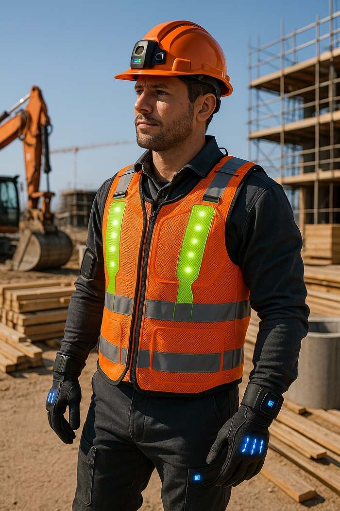 Modern construction worker with smart PPE technology