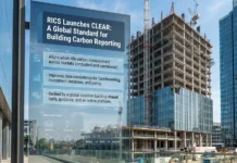 RICS Launches CLEAR Coalition for Building Carbon Reporting Construction site beside glass office towers with a large sign reading: 'RICS Launches CLEAR: A Global Standard for Building Carbon Reporting' and bullet points about carbon data and methods.
