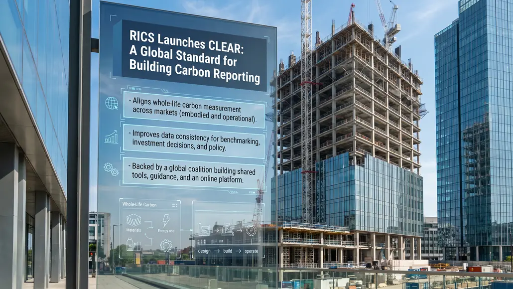 Construction site beside glass office towers with a large sign reading: 'RICS Launches CLEAR: A Global Standard for Building Carbon Reporting' and bullet points about carbon data and methods.
