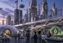 Future of Aluminium in Architecture and Construction Futuristic cityscape with tall curved skyscrapers, flying drones, a domed research pod, and workers and robots in a busy high‑tech plaza at dusk.