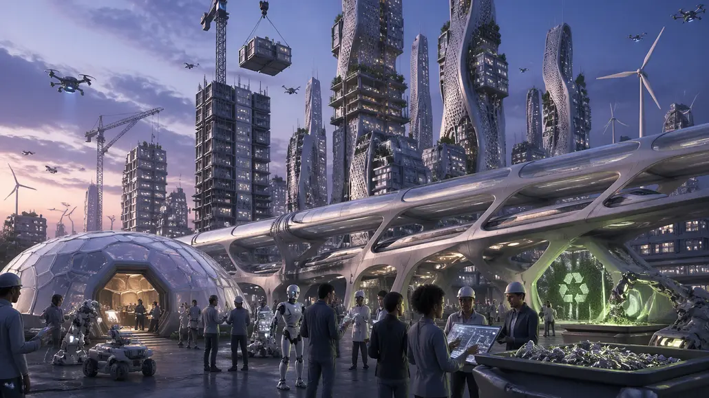 Futuristic cityscape with tall curved skyscrapers, flying drones, a domed research pod, and workers and robots in a busy high‑tech plaza at dusk.