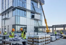 Lightweight Aluminium Structures Redefine Urban Design Construction workers in hi-vis vests and hard hats inspect metal panels on a sunny building site with a crane nearby.