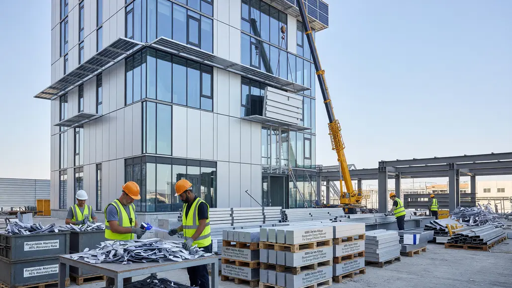 Construction workers in hi-vis vests and hard hats inspect metal panels on a sunny building site with a crane nearby.