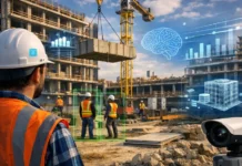 Where AI Actually Earns Its Keep on a Jobsite (And Where It Doesn’t Yet) Construction site with workers, crane, and holographic AR graphics showing a brain, data charts, and a 3D building model in the air above the site.