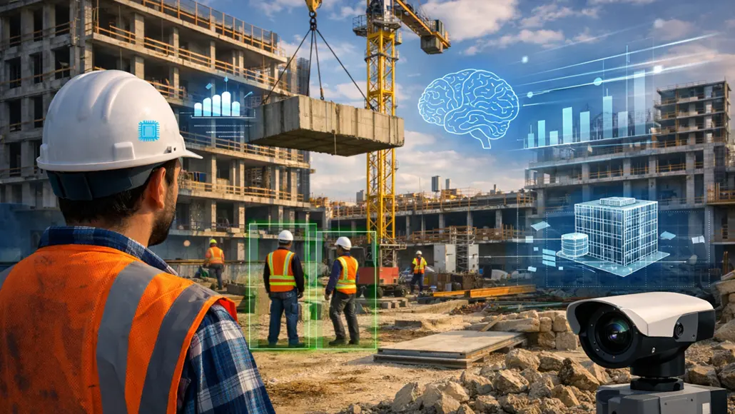 Construction site with workers, crane, and holographic AR graphics showing a brain, data charts, and a 3D building model in the air above the site.