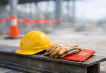 The legal rights of injured ironworkers: Navigating the complexities of third-party liability claims Construction site essentials: yellow hard hat, work gloves, and an incident report folder on steel beam (safety gear ready).