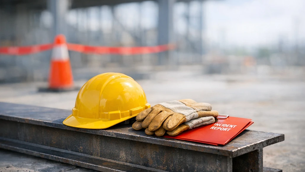 Construction site essentials: yellow hard hat, work gloves, and an incident report folder on steel beam (safety gear ready).