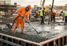 Self Healing Materials Improving Construction Durability Construction workers in safety gear spread and level wet concrete on a rebar-reinforced foundation at a building site.