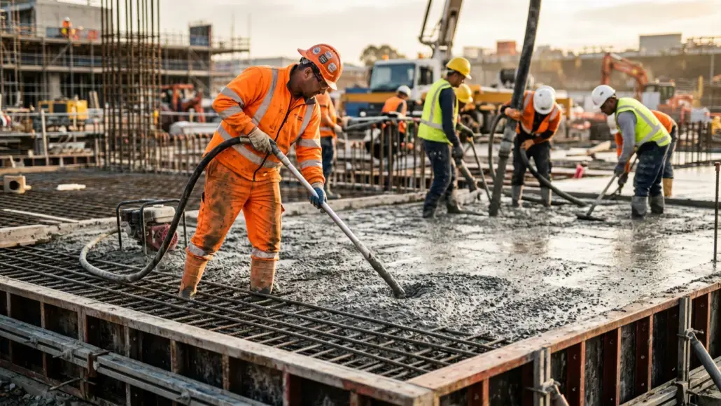 Construction workers in safety gear spread and level wet concrete on a rebar-reinforced foundation at a building site.