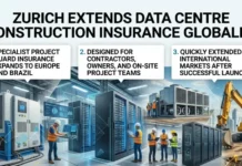 Zurich Extends Data Centre Construction Insurance Globally Infographic about Zurich's data center expansion with three key points shown in speech bubbles over a server room scene. 1. Specialist project guard insurance expands to Europe and Brazil 2. Designed for contractors, owners, and on-site project teams 3. Quickly extended international markets after successful launch