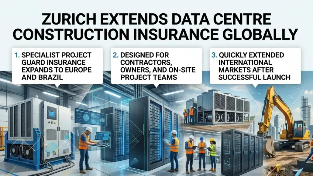 Infographic about Zurich's data center expansion with three key points shown in speech bubbles over a server room scene. 1. Specialist project guard insurance expands to Europe and Brazil 2. Designed for contractors, owners, and on-site project teams 3. Quickly extended international markets after successful launch
