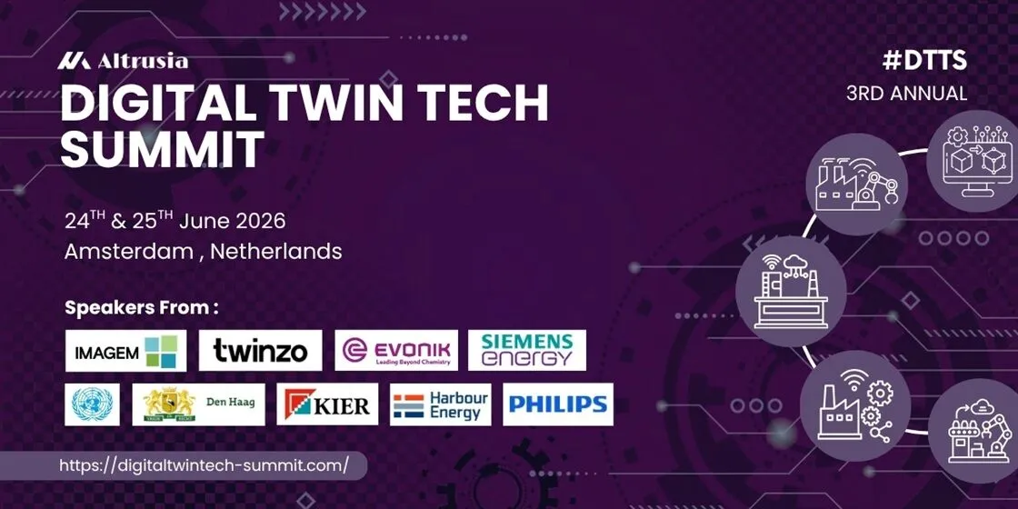 Digital-Twin-Tech-Summit-EL-1120x560-WCT Purple banner announcing the Altrusia Digital Twin Tech Summit on June 24–25, 2026 in Amsterdam, with sponsor logos and tech icons on the right side.