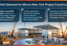 Bechtel Selected for Micron New York Project Construction Construction site at sunset with cranes and a steel building under construction; three callout panels describe Bechtel's Micron New York project.