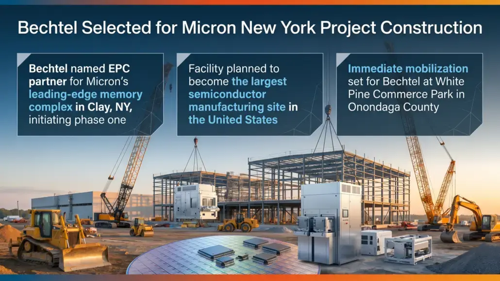 Construction site at sunset with cranes and a steel building under construction; three callout panels describe Bechtel's Micron New York project.