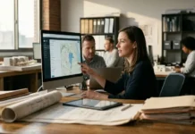 Digital Permitting Ecosystems Reshaping Urban Development Woman explains a map on a desktop monitor to colleagues in a bright open-office.
