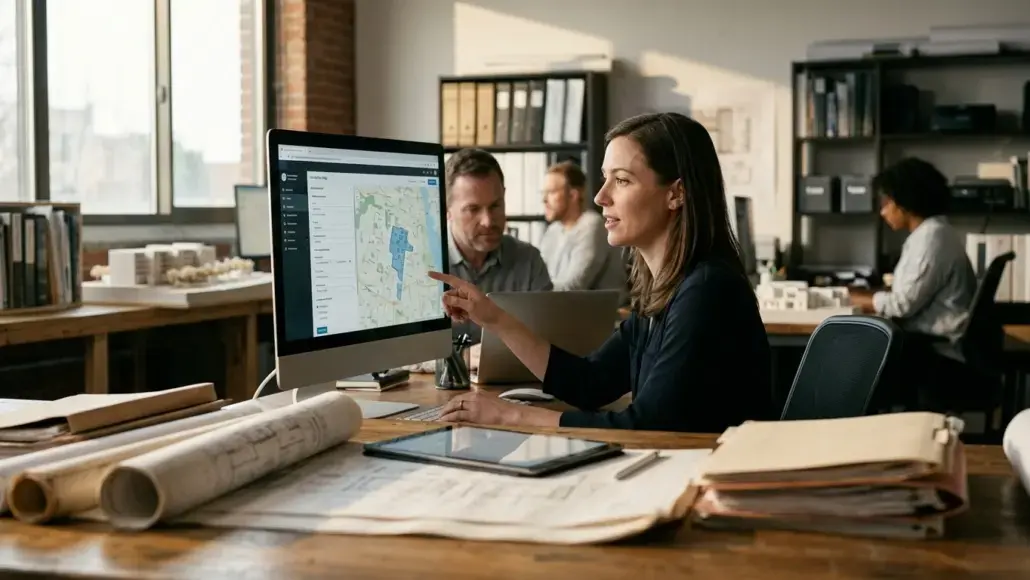 Woman explains a map on a desktop monitor to colleagues in a bright open-office.