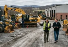 Why Equipment Availability Isn’t What It Used to Be Two men in a high-visibility vest and a jacket walk and discuss beside a fleet of excavators in a construction yard in front of a large workshop building.