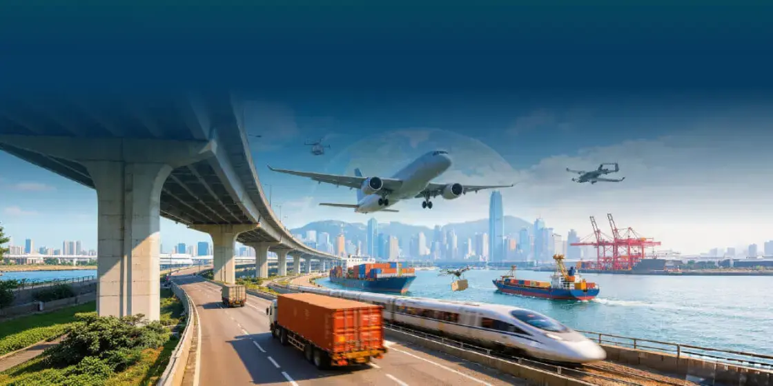 Super-Terminal-Expo2026-EL-1120x560-WCT Busy waterfront scene with an elevated highway, ships, and a city skyline, plus airplanes in the sky and a high-speed train on the coast road.