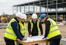 McLaren Construction Appointed for YORbuild Framework Group of construction workers in safety vests and hard hats study blueprints on a wooden table at a building site.