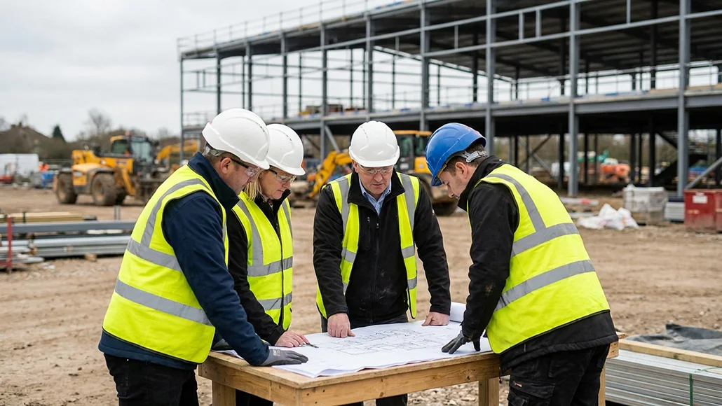 Group of construction workers in safety vests and hard hats study blueprints on a wooden table at a building site.