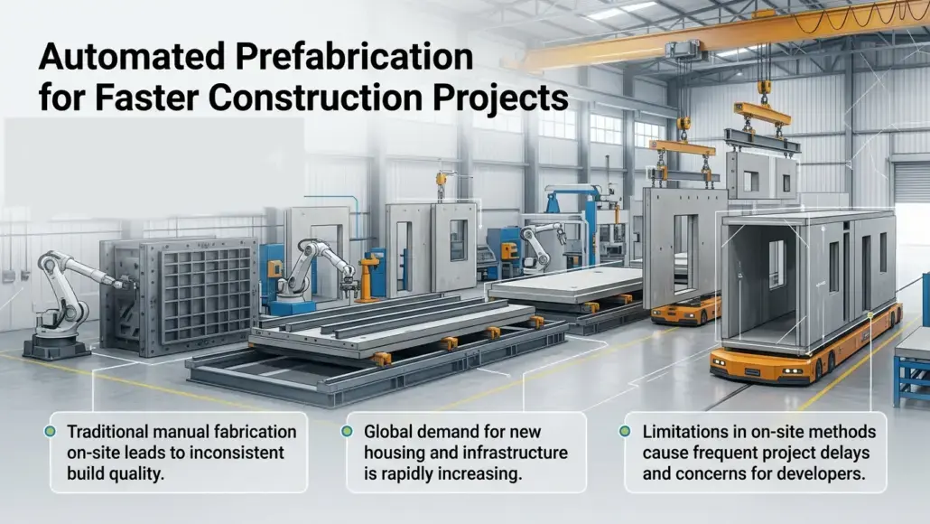 Infographic of an automated prefabrication factory with robotic arms assembling modular building components.