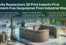 Trinity Researchers 3D Print Ireland’s First Cement-Free Geopolymer From Industrial Waste 3D printer building curved geopolymer blocks from industrial waste beneath a headline about Ireland's first cement-free geopolymer.