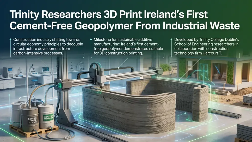 3D printer building curved geopolymer blocks from industrial waste beneath a headline about Ireland's first cement-free geopolymer.