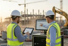 Construction Cybersecurity Protecting Connected Job Sites Two construction workers in hard hats and high-visibility vests review site data on a tablet and a monitor at a busy construction site on site.