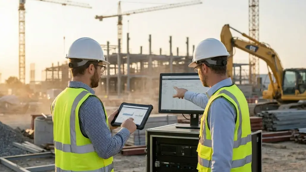 Two construction workers in hard hats and high-visibility vests review site data on a tablet and a monitor at a busy construction site on site.