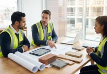 The Blueprint to Sourcing Top Tier Suppliers for Your Construction Business: 7 Insights Three construction professionals in high-visibility vests discuss plans at a table with blueprints, bricks, and a tablet in a bright office setting.