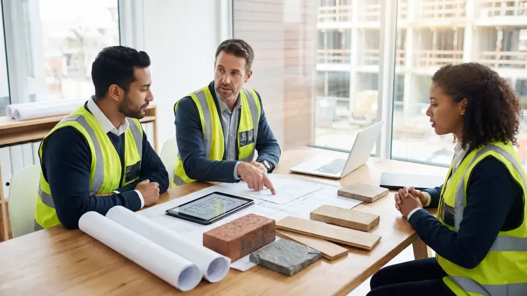 Three construction professionals in high-visibility vests discuss plans at a table with blueprints, bricks, and a tablet in a bright office setting.