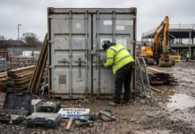 Tool theft rises 16% as construction firms rethink where they store equipment Construction site worker in a high-visibility jacket locks a large shipping container; muddy ground, machinery, and toolboxes around.