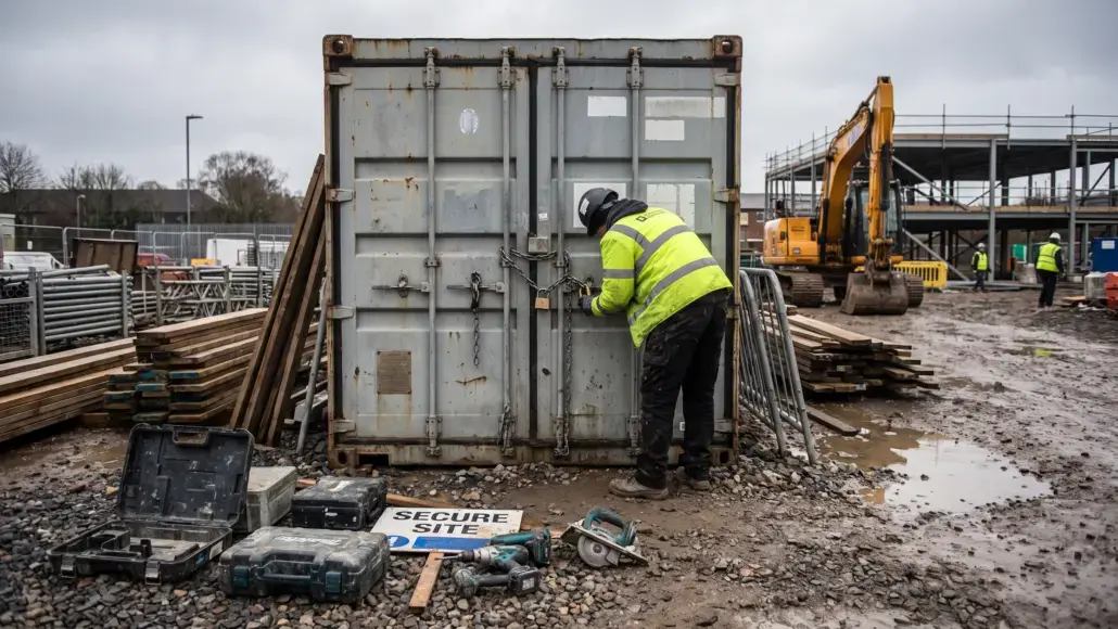 Construction site worker in a high-visibility jacket locks a large shipping container; muddy ground, machinery, and toolboxes around.