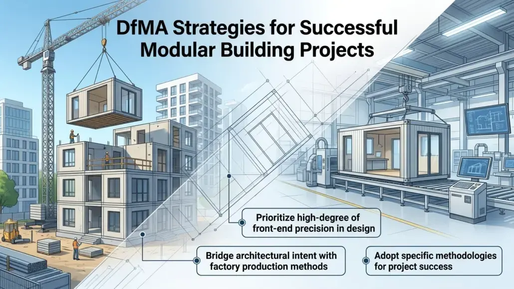 Infographic titled 'DfMA Strategies for Successful Modular Building Projects' showing a construction site with a crane lifting modular units, plus factory interior and three callouts about design precision, bridging architectural intent with production methods, and project success methodologies.