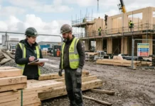 Green Procurement Strategies in Construction Supply Two construction workers in safety vests review a clipboard on a lumber-stacked site with a building under construction in the background.