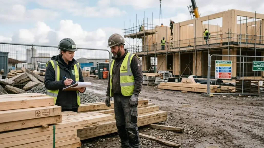 Two construction workers in safety vests review a clipboard on a lumber-stacked site with a building under construction in the background.