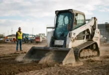 How to Find Quality Skid Steers Near You: A Construction Buyer’s Guide Skid-steer loader pushing dirt at a construction site, with a worker in a high-visibility vest in the background.