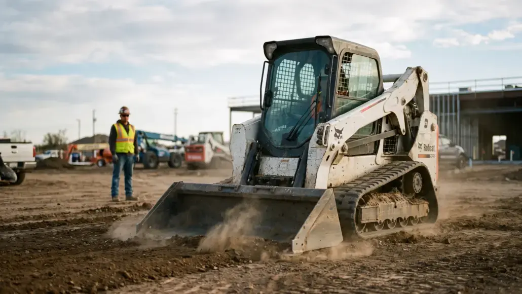 Skid-steer loader pushing dirt at a construction site, with a worker in a high-visibility vest in the background.
