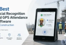 7 Best Facial Recognition and GPS Attendance Software for Construction Promotional banner for facial recognition and GPS attendance software for construction, featuring a tablet on a job site.
