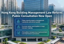 Government Launches Public Consultation on Building Management Law Reform Billboard over a Hong Kong cityscape announcing 'Public Consultation Now Open' for Building Management Law Reform, with three bullet goals: standards, participation, transparency.