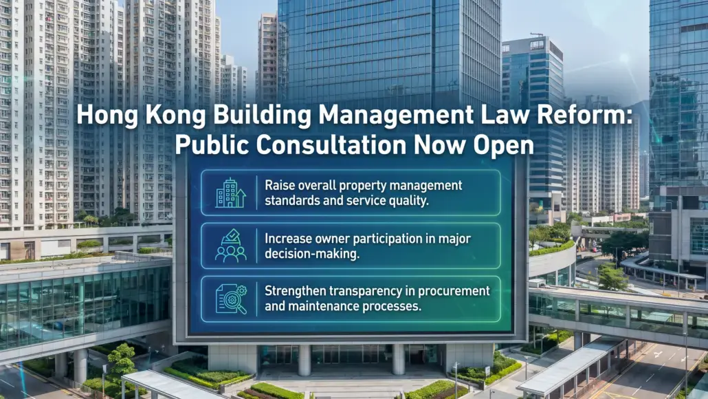 Billboard over a Hong Kong cityscape announcing 'Public Consultation Now Open' for Building Management Law Reform, with three bullet goals: standards, participation, transparency.