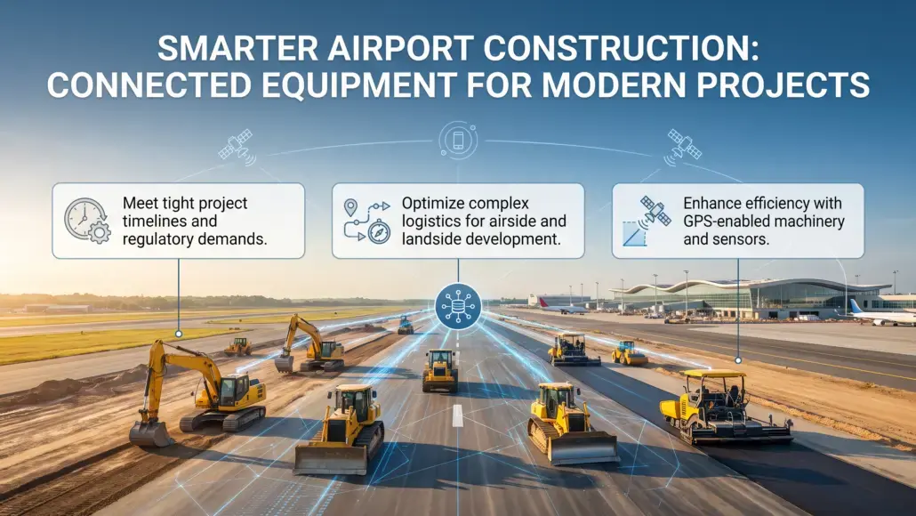 Airport construction scene with heavy machinery; three callouts cover timelines, logistics optimization, and GPS-enabled machinery and sensors.00Alternative: an infographic of a connected airport construction site highlighting GPS tech and centralized hub.