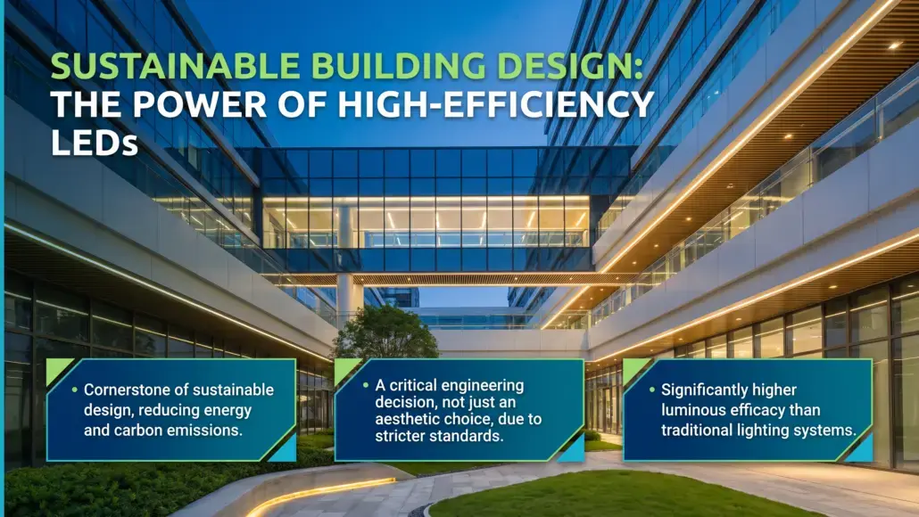 Glass-front modern building atrium with a blue sky; title reads 'Sustainable Building Design: The Power of High-Efficiency LEDs' and three blue information panels beneath.
