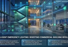 Intelligent Emergency Lighting Improving Commercial Building Resilience Infographic of a modern office lobby with blue emergency-light overlays and a holographic control panel; title reads 'Intelligent Emergency Lighting: Boosting Commercial Building Resilience'.