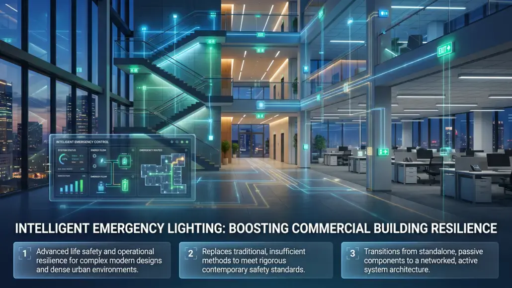 Infographic of a modern office lobby with blue emergency-light overlays and a holographic control panel; title reads 'Intelligent Emergency Lighting: Boosting Commercial Building Resilience'.