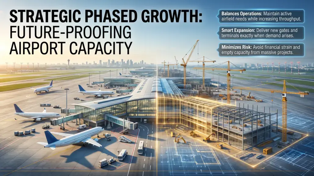 Phased Airport Construction Enabling Flexible Capacity Expansion
