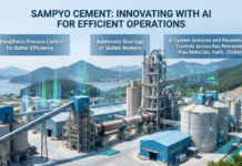 Sampyo Cement Expands AI Control at Samcheok Plant in South Korea Industrial cement plant with blue AI overlays illustrating efficiency and automation benefits: stronger process control, skilled-work shortages, and AI system analysis.